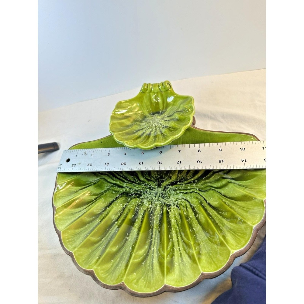 Vintage Treasure Craft MCM Green Clam Shell Chip/Dip Bowl Set 2-Tier Drip Glaze - Picture 10 of 13